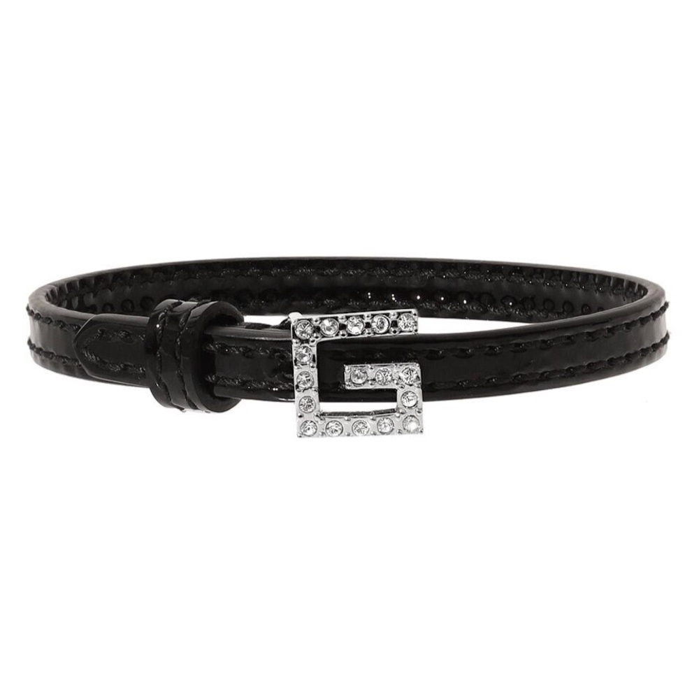 Gucci Black Leather Bracelet w/ Rhinestone Logo – Size M, With Box